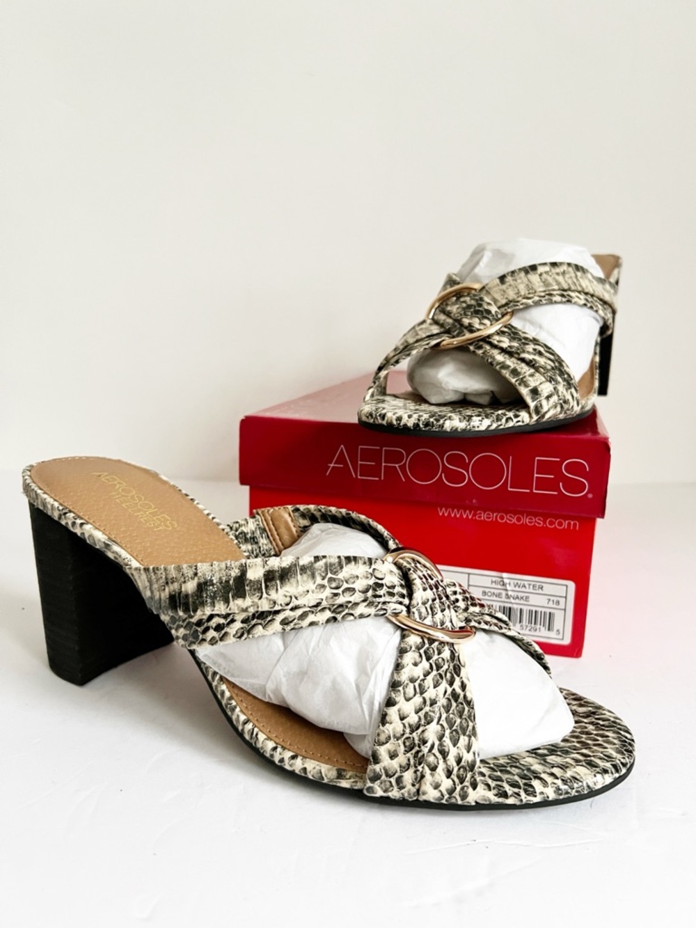 NIB SZ 11 Aerosoles Heelrest Bone Snake Print Block Heel Slide Sandals Gold